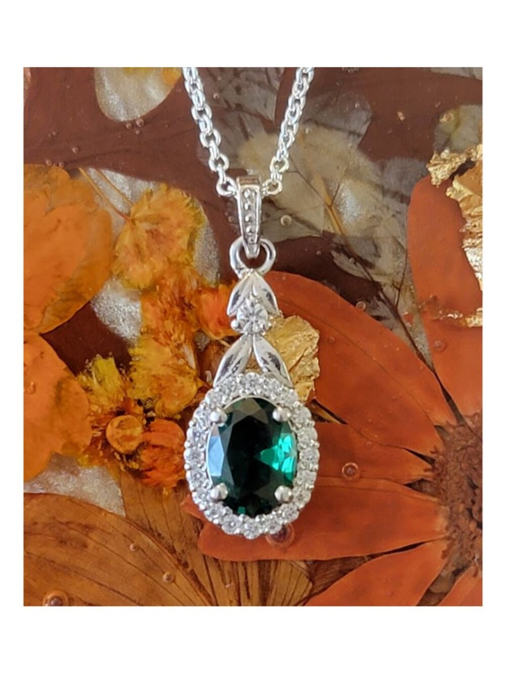 Emerald Green Oval Moissanite Halo Necklace 925 Silver 20" NWT